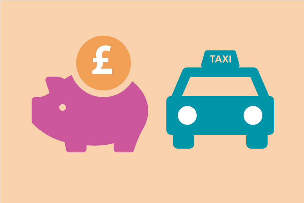 Graphic of taxi and piggy bank