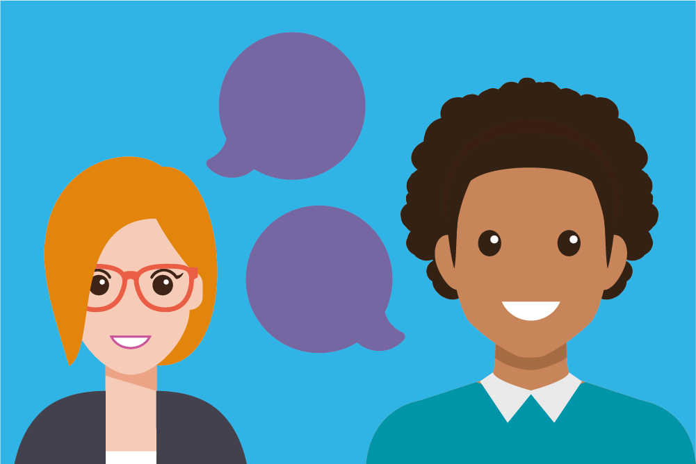 Graphic of teacher and young person with speech bubble icons