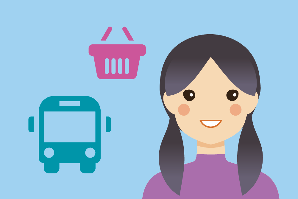 Graphic of young person with icons of bus and shopping basket