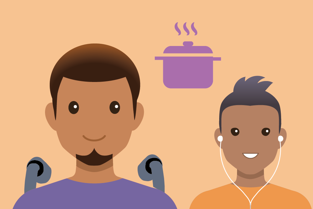 Graphic of young person in wheelchair and young person with earphones, icon of cooking pot