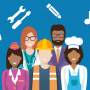 Graphic of a group of different workers with various symbols representing different subject areas 