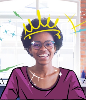 Smiling young person wearing a graphic crown and sparkles