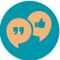 Speech bubble icons with thumbs up and quotation marks