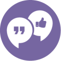 Two speech bubble icons with quotation and thumbs up icons